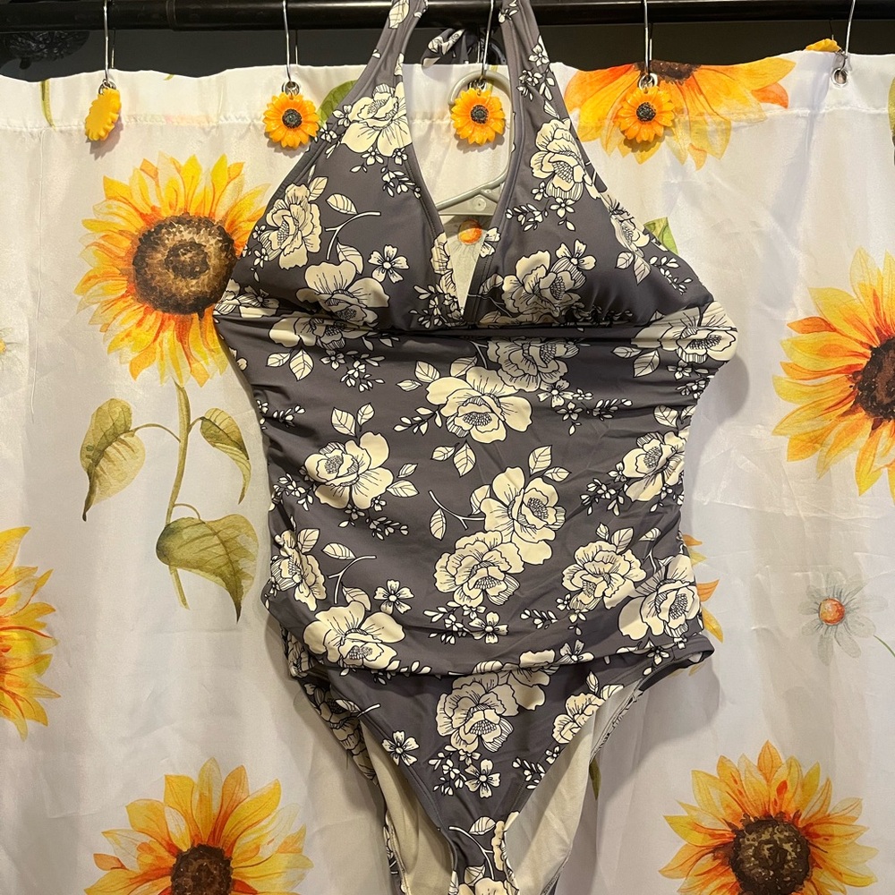 Adore Me Floral One Piece in Gray and Cream